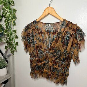 Free People Sheer Floral Ruffle Mesh Crop Top Mustard Multi Size M